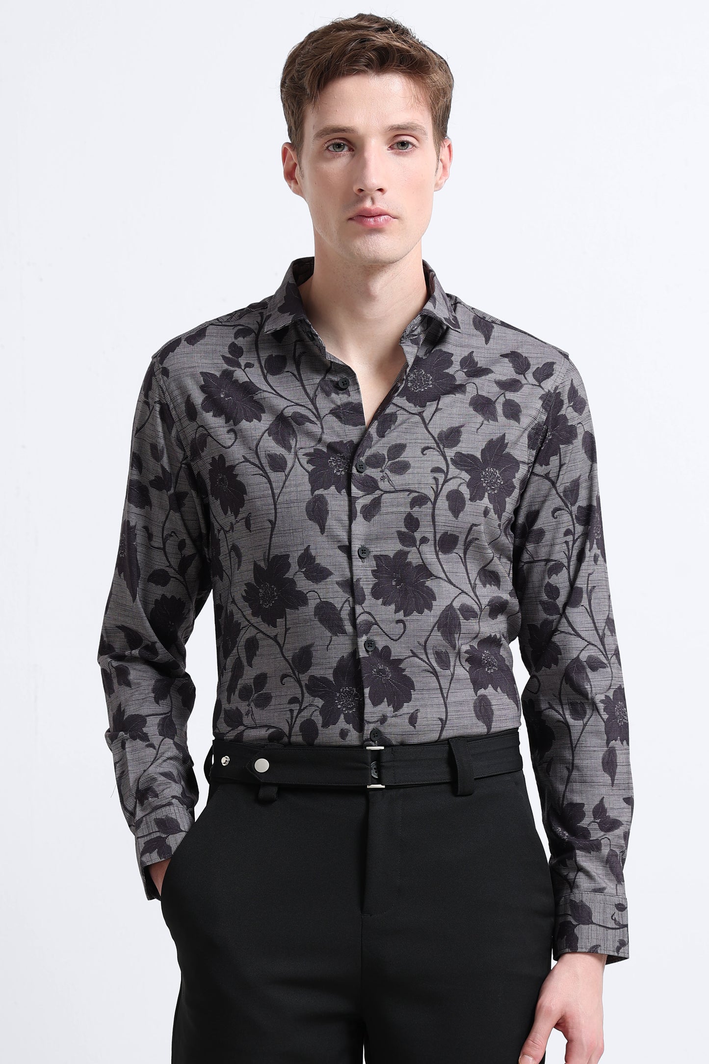Contemporary Printed Cotton Blend Shirt Cement Grey