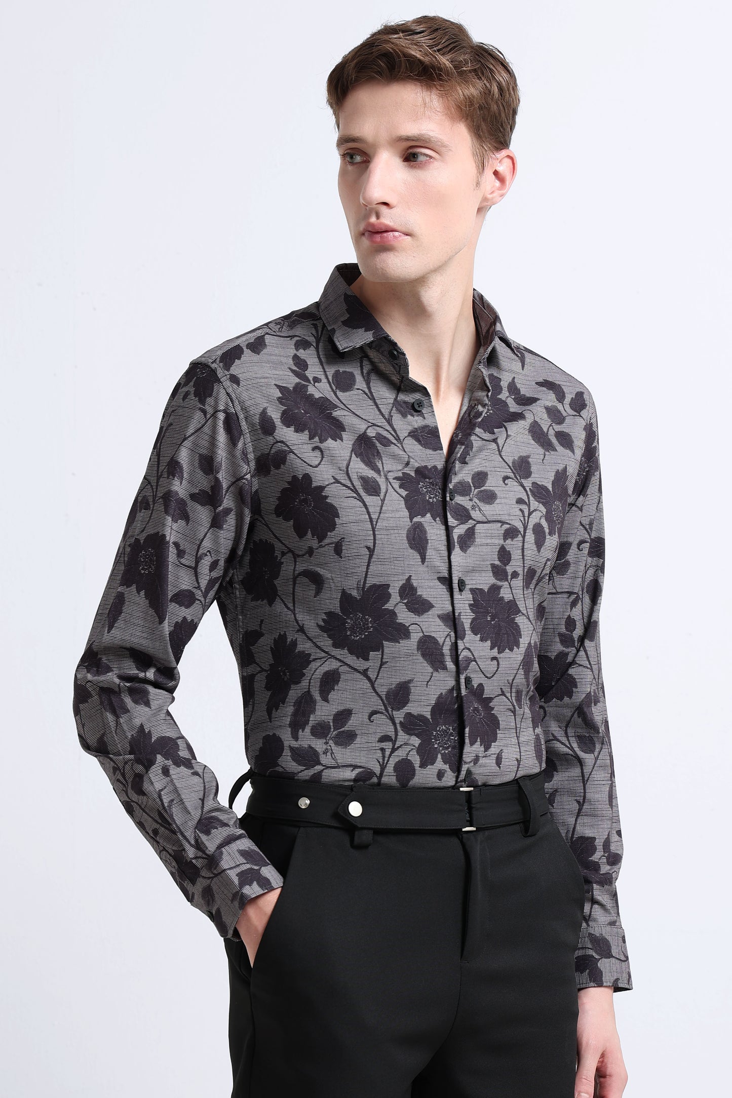 Contemporary Printed Cotton Blend Shirt Cement Grey
