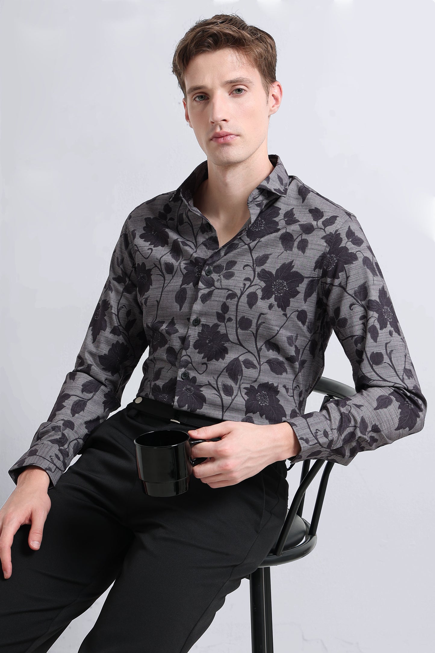 Contemporary Printed Cotton Blend Shirt Cement Grey