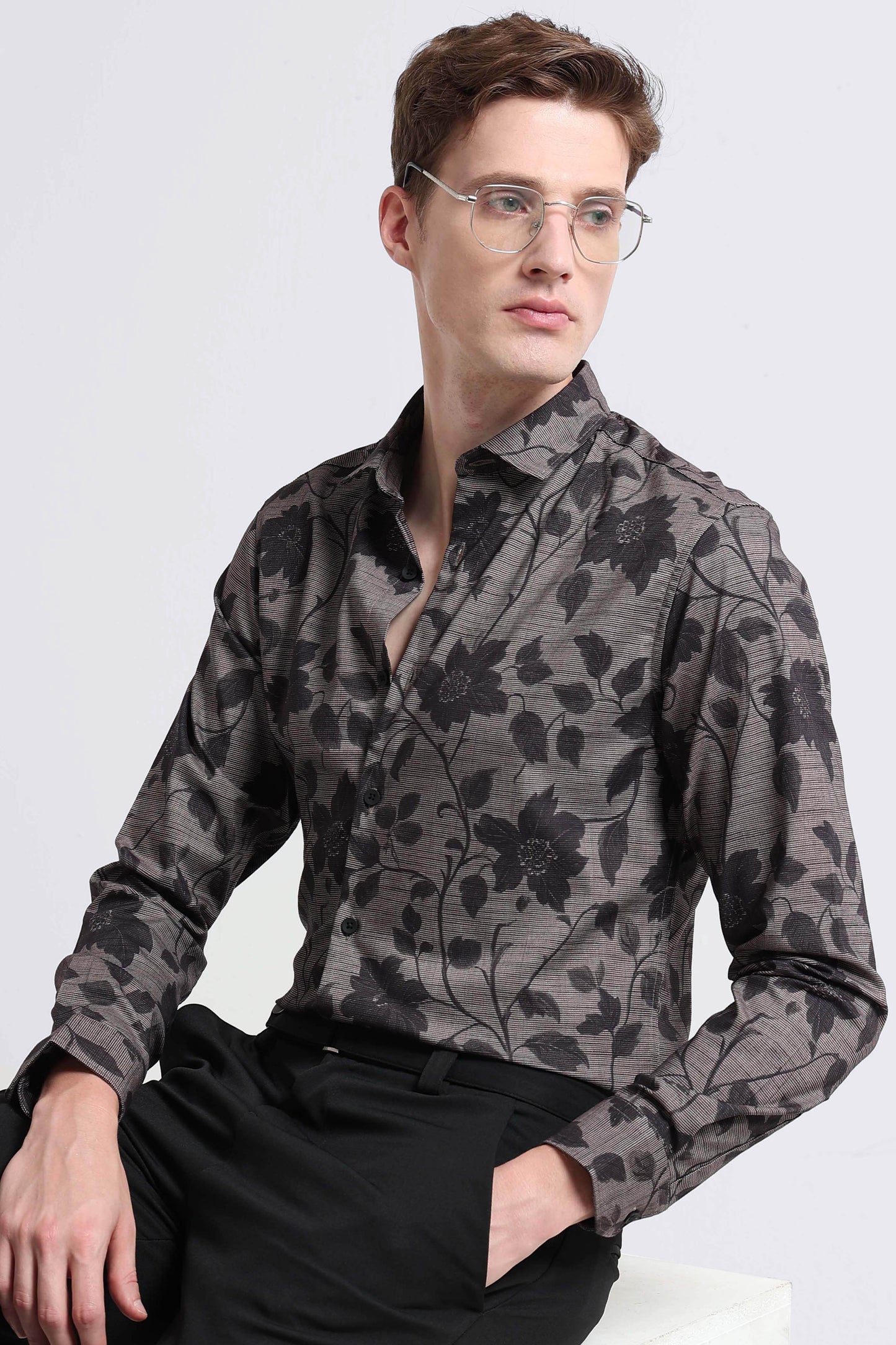 Contemporary Printed Cotton Blend Shirt Dark Beige Black