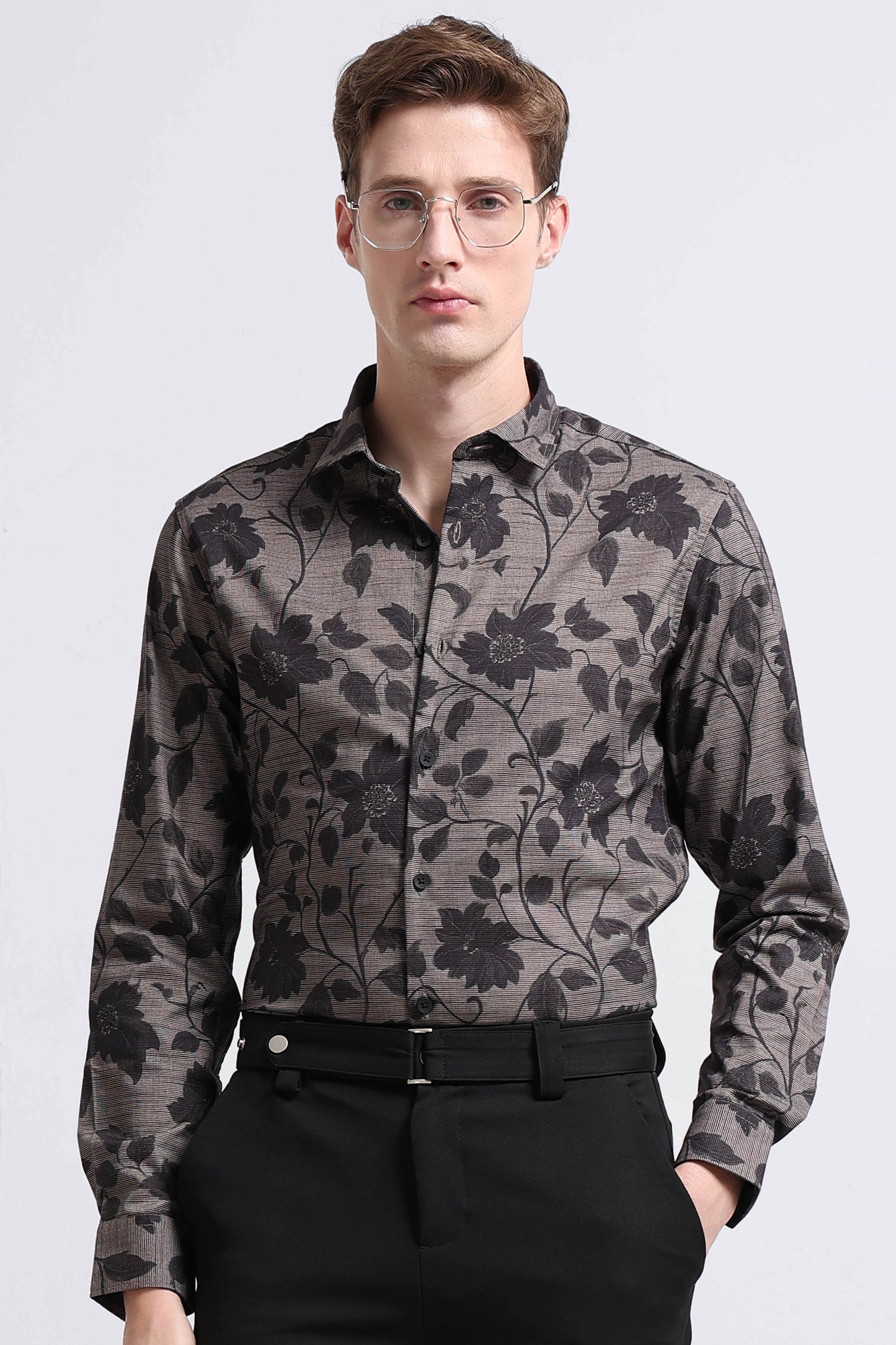 Contemporary Printed Cotton Blend Shirt Dark Beige Black