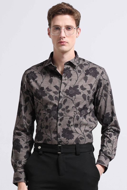 Contemporary Printed Cotton Blend Shirt Dark Beige Black