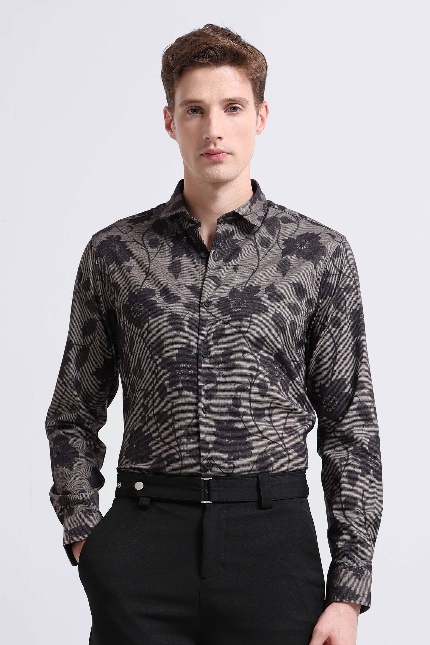 Contemporary Printed Cotton Blend Shirt Dark Beige Black