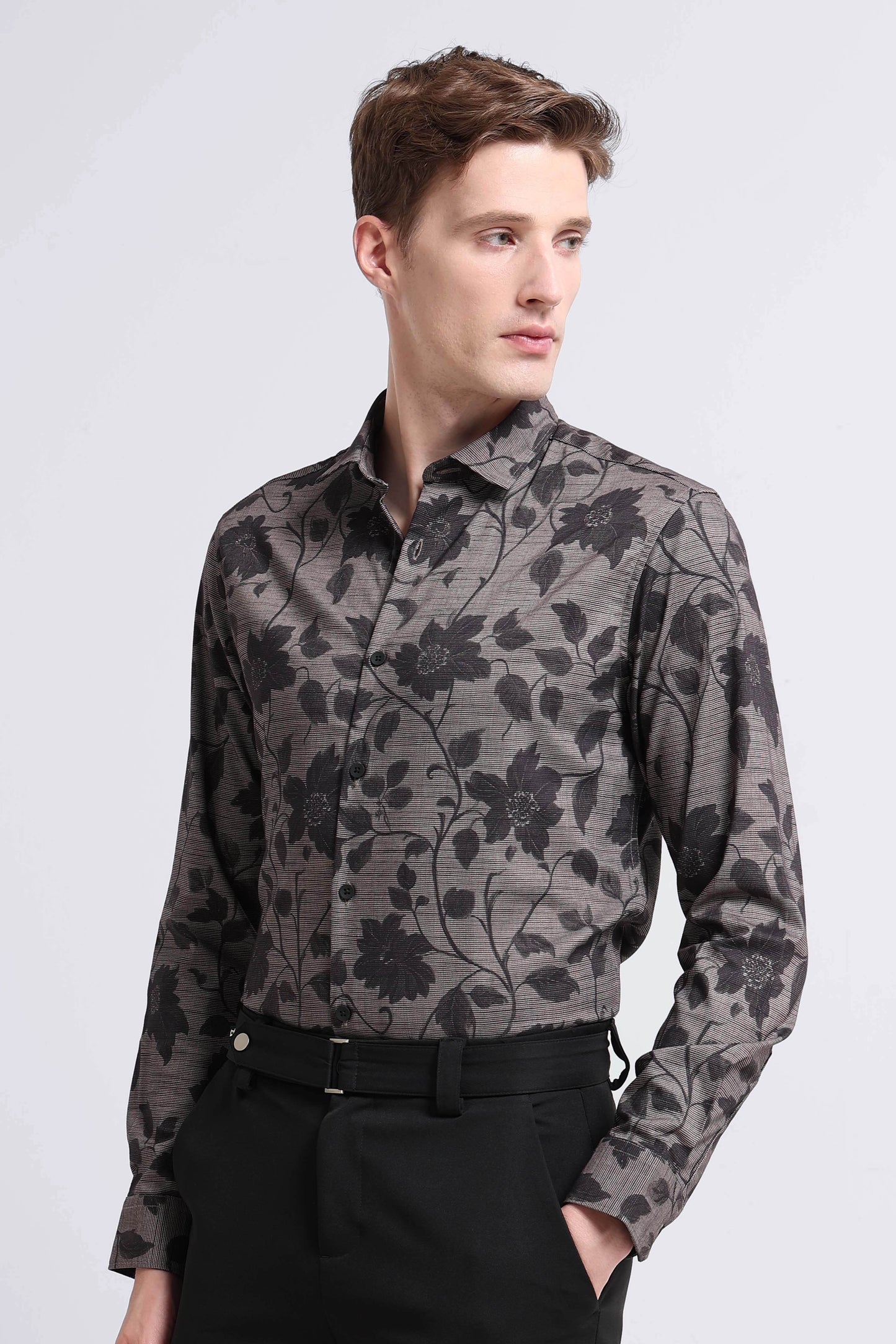 Contemporary Printed Cotton Blend Shirt Dark Beige Black