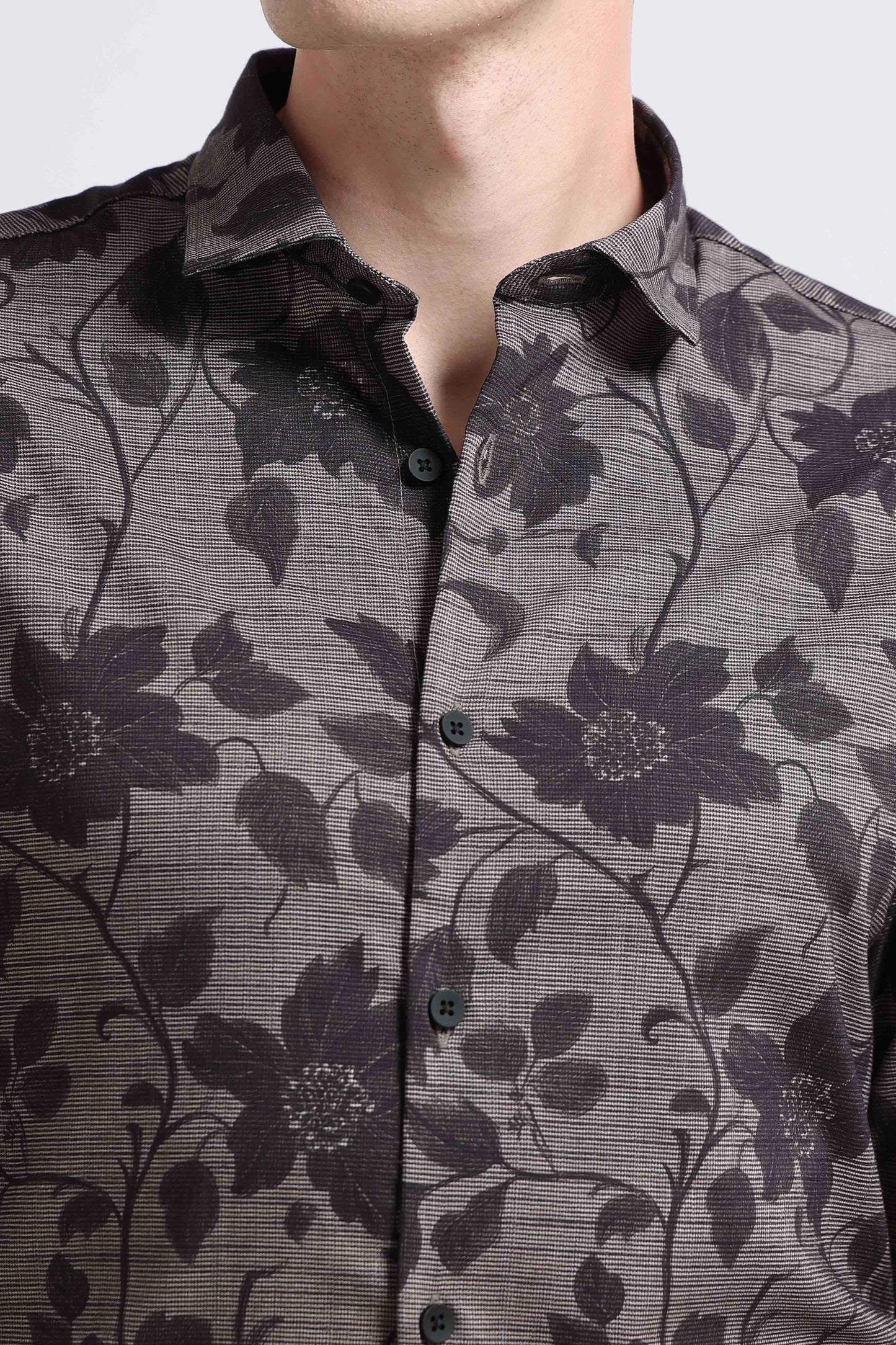 Contemporary Printed Cotton Blend Shirt Dark Beige Black