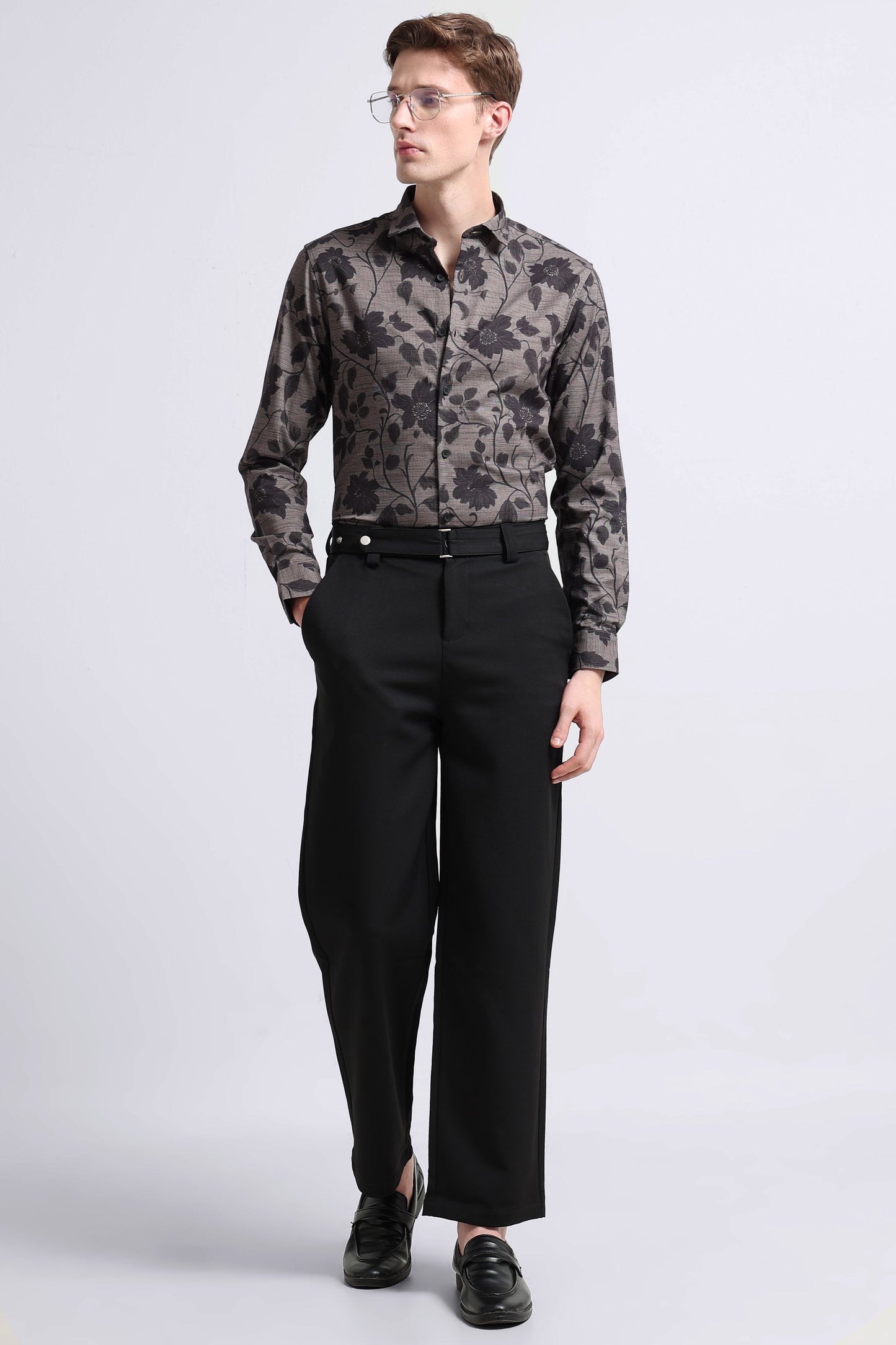 Contemporary Printed Cotton Blend Shirt Dark Beige Black