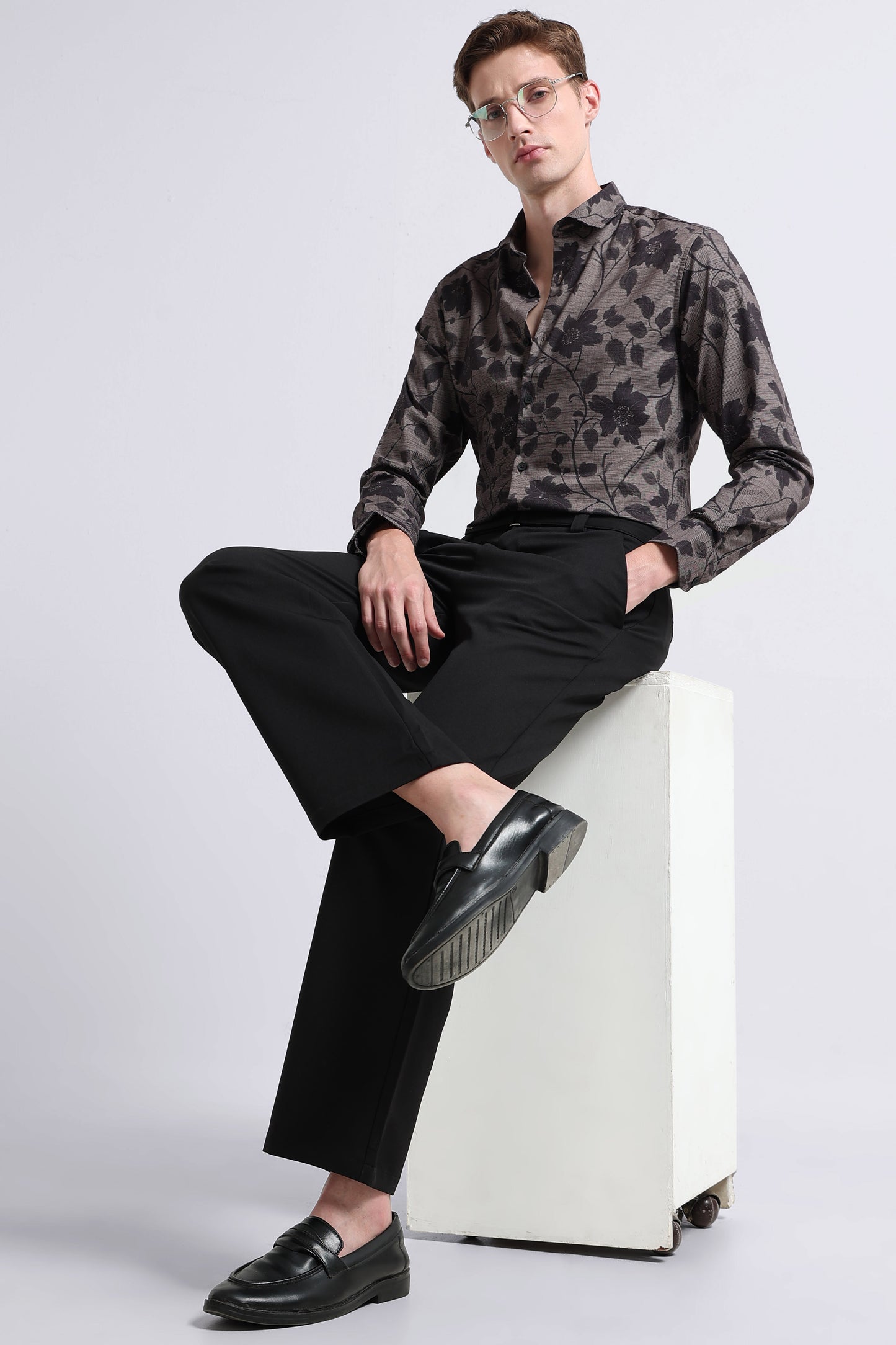 Contemporary Printed Cotton Blend Shirt Dark Beige Black