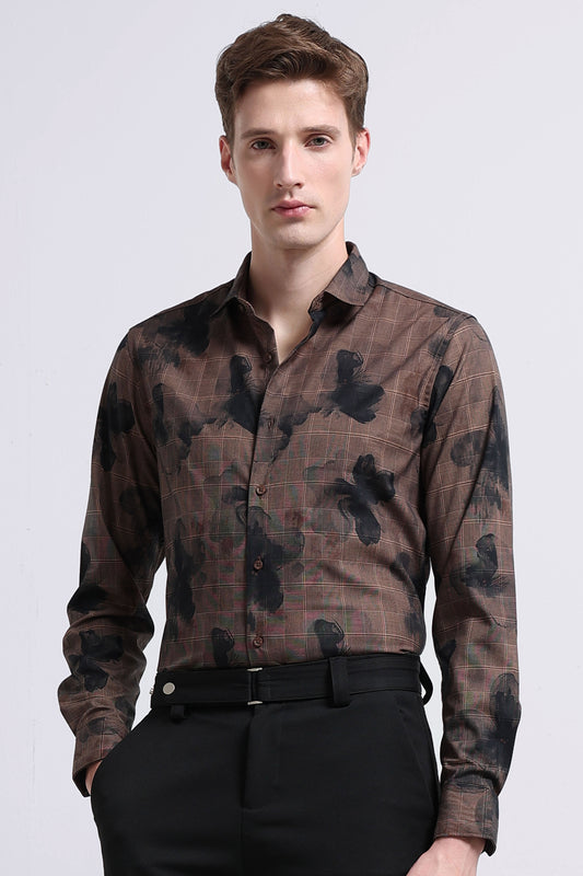 Premium Cotton-blend Digital Print Shirt Coffee Brown