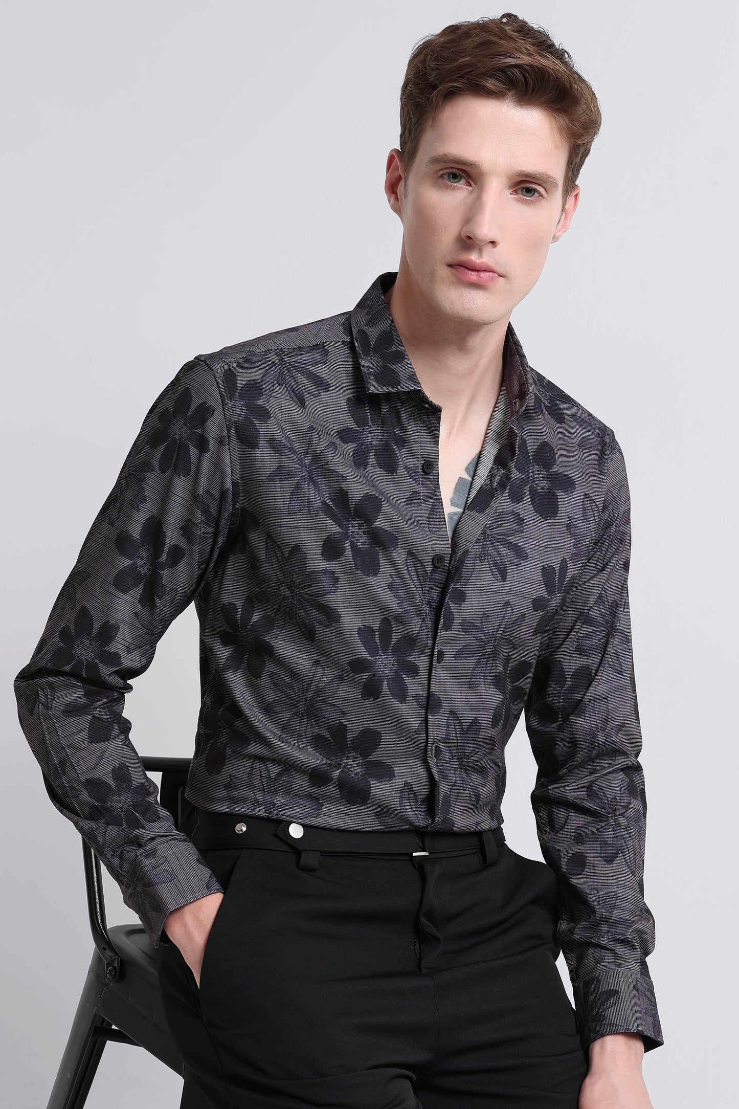 Contemporary Printed Cotton Blend Shirt Grey