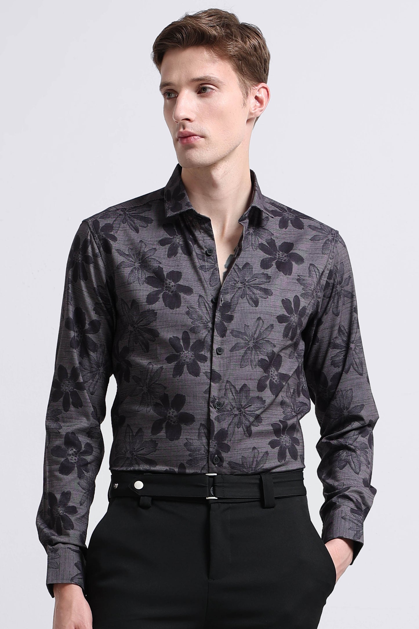 Contemporary Printed Cotton Blend Shirt Grey