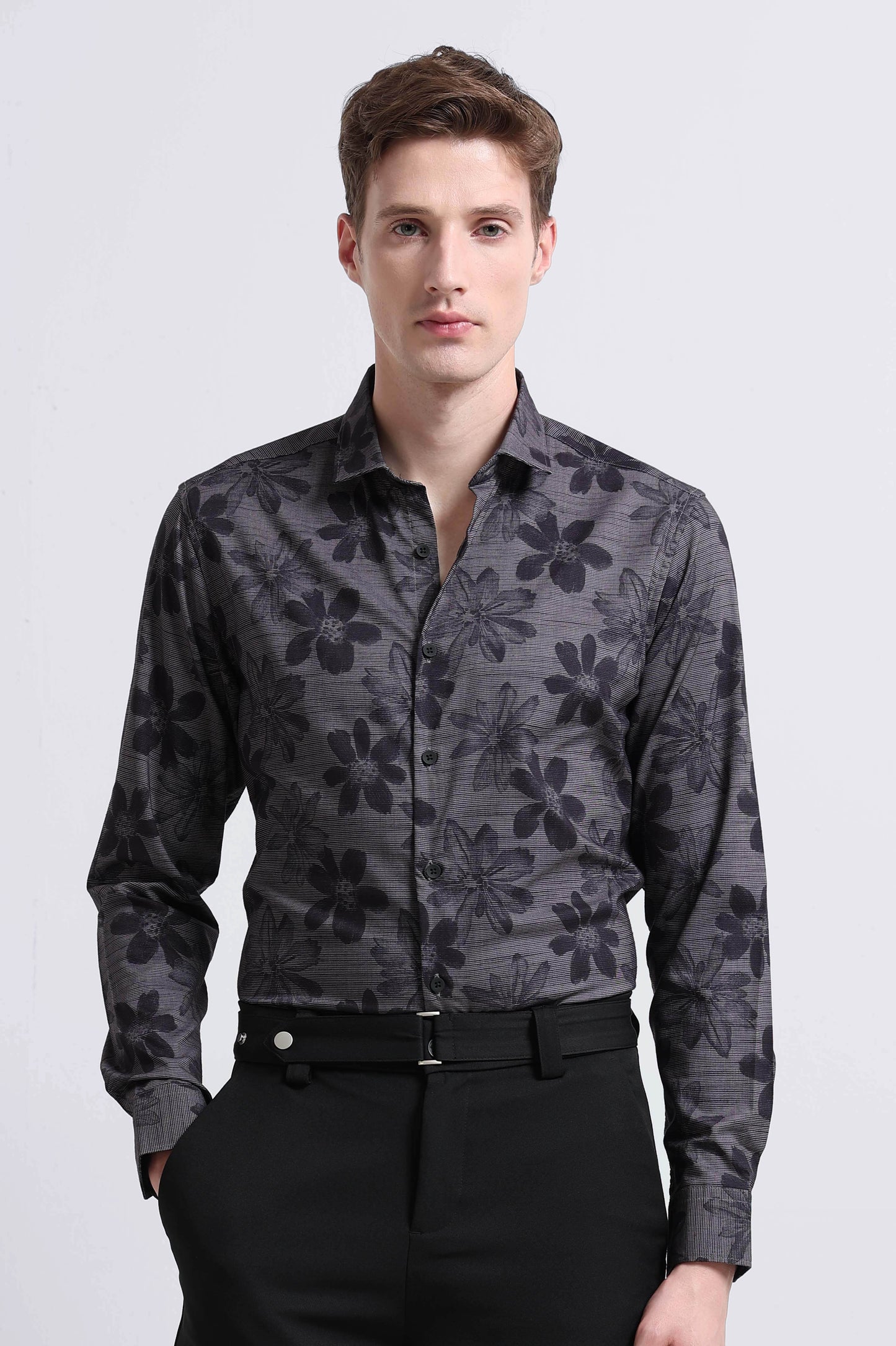 Contemporary Printed Cotton Blend Shirt Grey
