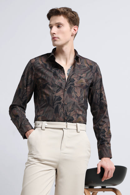Premium Cotton-blend Digital Print Shirt Brown Red