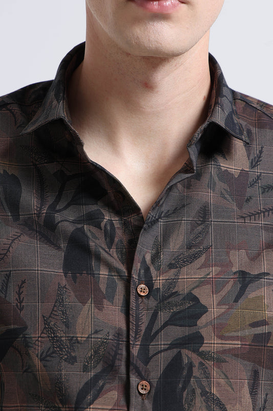 Premium Cotton-blend Digital Print Shirt Brown Red