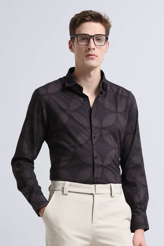 Contemporary Printed Cotton Blend Shirt Dark Brown