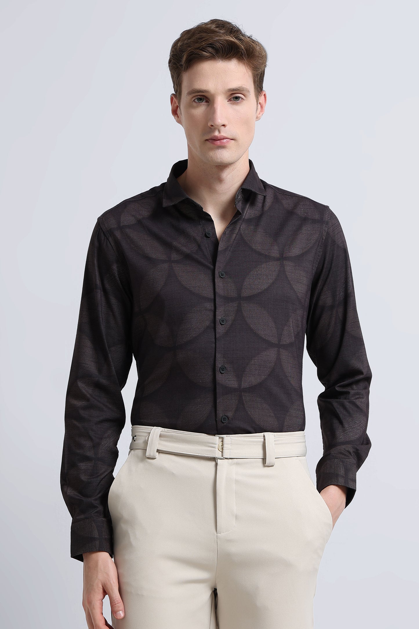 Contemporary Printed Cotton Blend Shirt Dark Brown