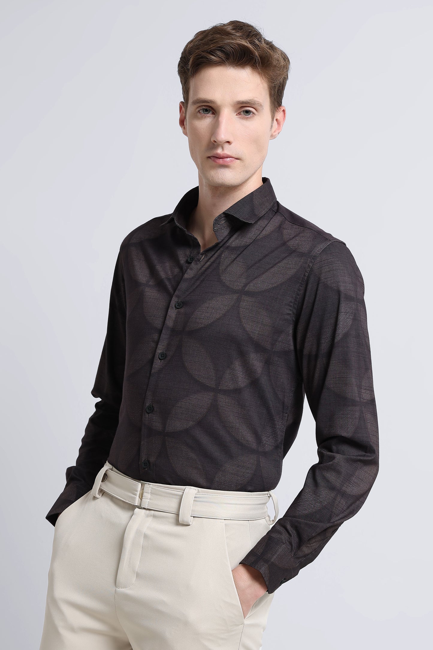 Contemporary Printed Cotton Blend Shirt Dark Brown