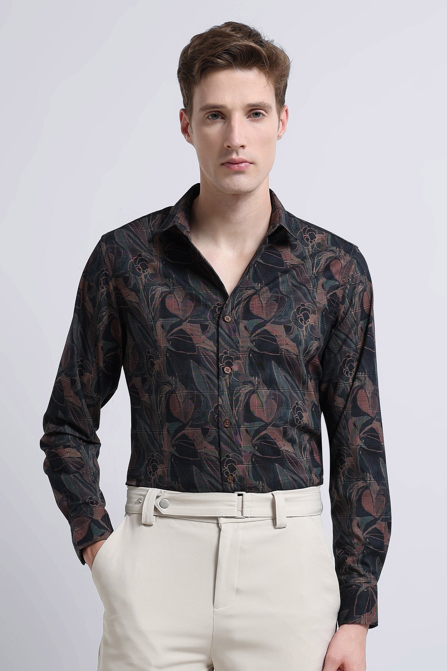 Premium Cotton-blend Digital Print Shirt Brown Black