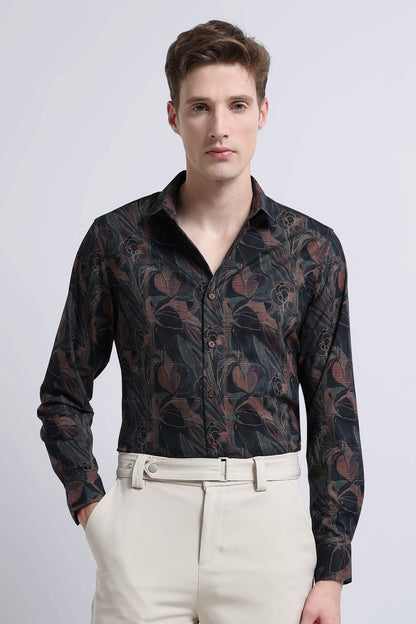 Premium Cotton-blend Digital Print Shirt Brown Black