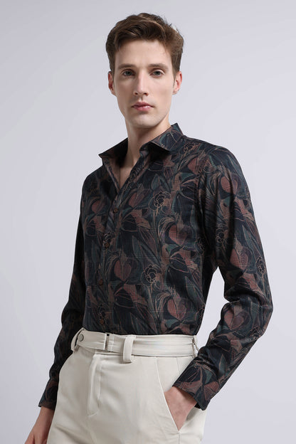 Premium Cotton-blend Digital Print Shirt Brown Black
