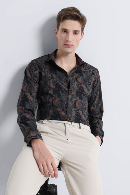 Premium Cotton-blend Digital Print Shirt Brown Black