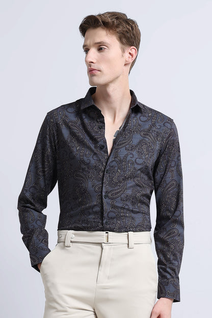 Contemporary Printed Cotton Blend Shirt Dark Blue
