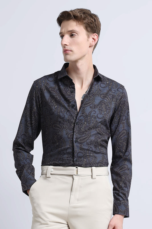 Contemporary Printed Cotton Blend Shirt Dark Blue
