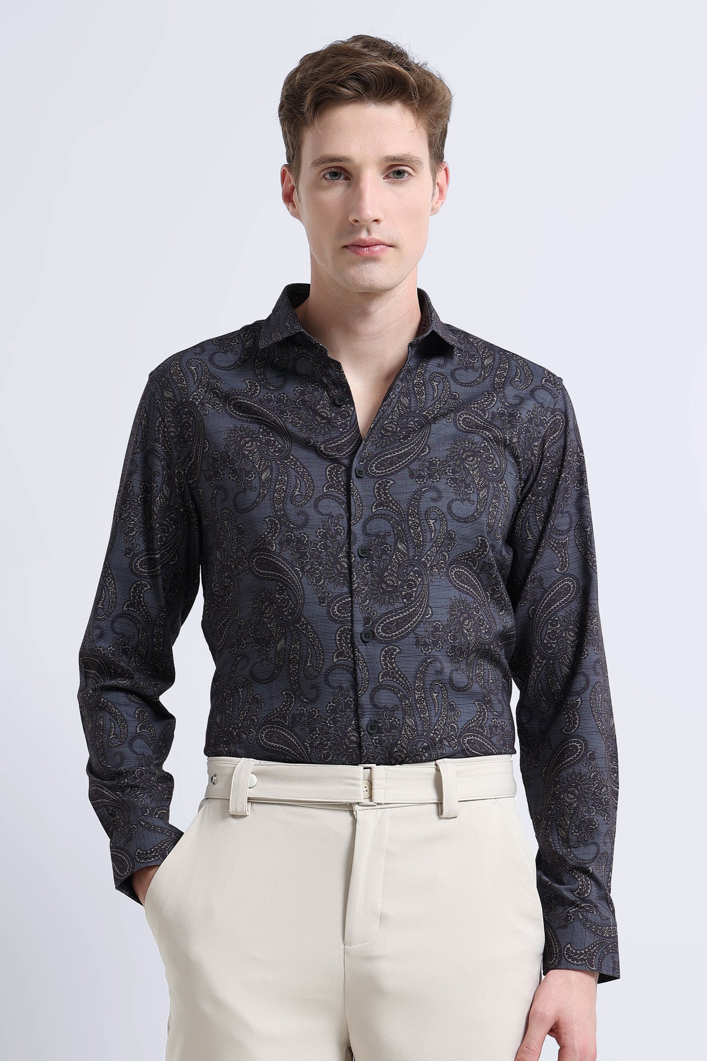 Contemporary Printed Cotton Blend Shirt Dark Blue
