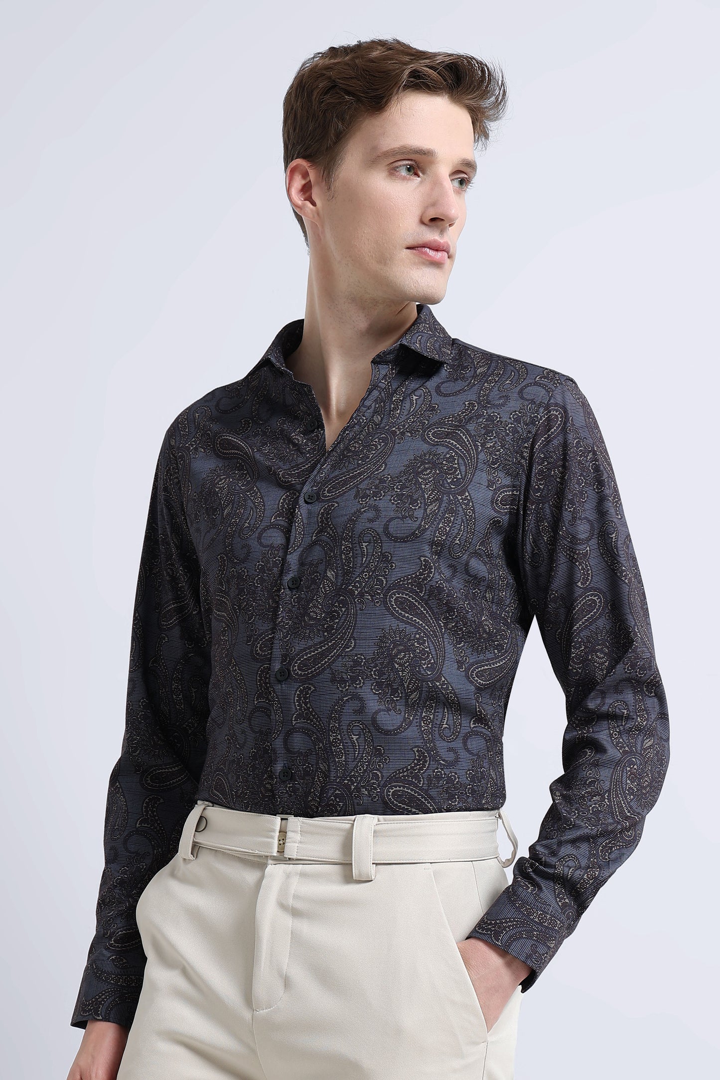 Contemporary Printed Cotton Blend Shirt Dark Blue