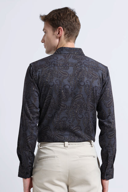 Contemporary Printed Cotton Blend Shirt Dark Blue