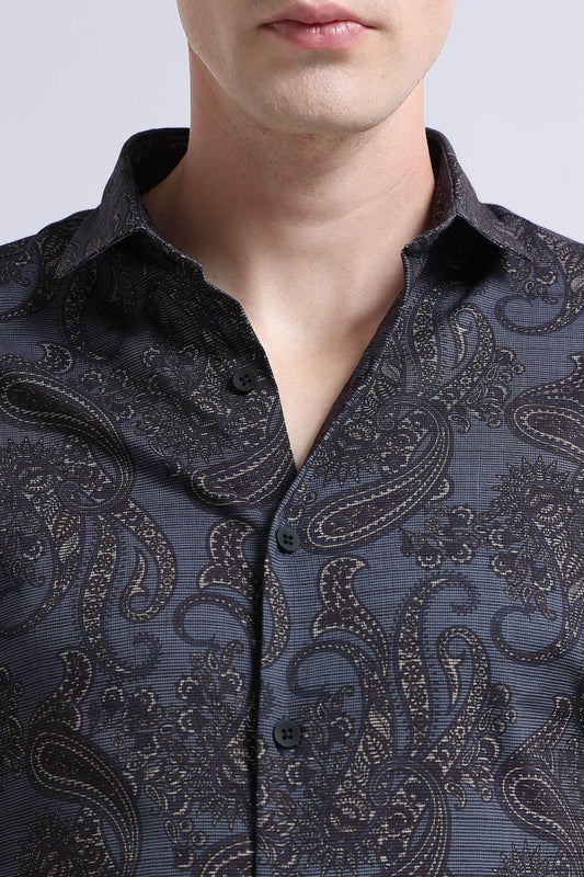 Contemporary Printed Cotton Blend Shirt Dark Blue