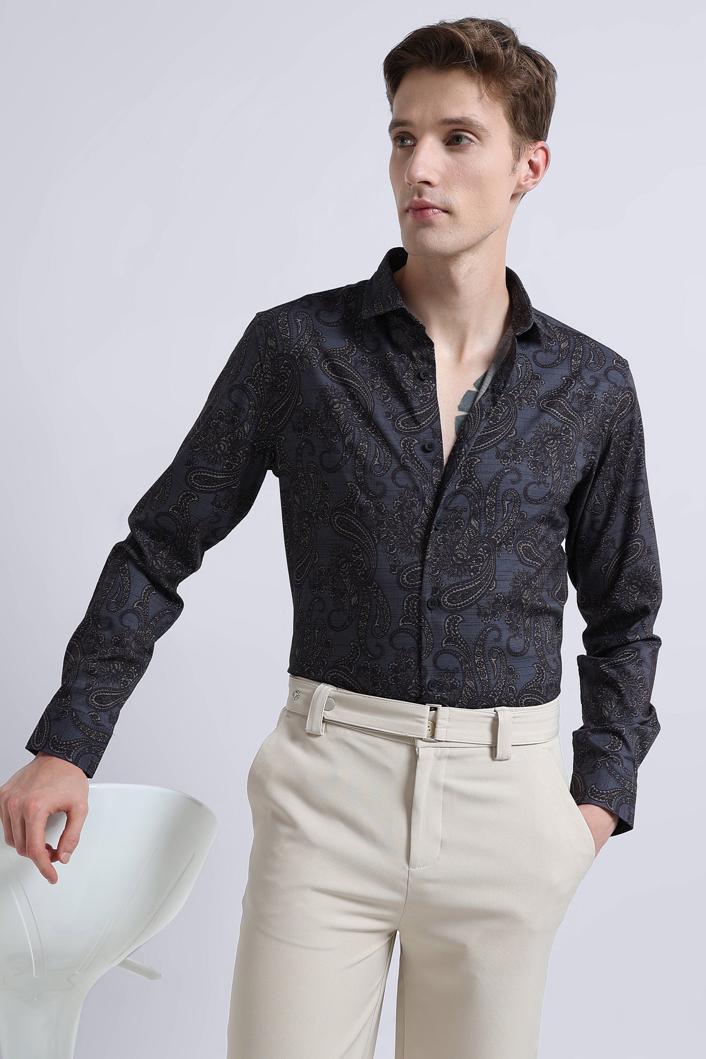 Contemporary Printed Cotton Blend Shirt Dark Blue