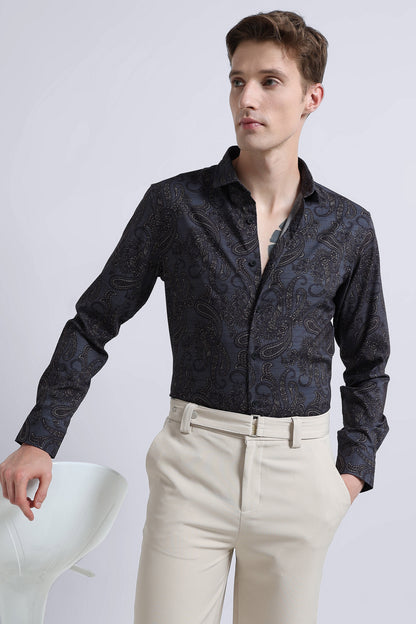Contemporary Printed Cotton Blend Shirt Dark Blue