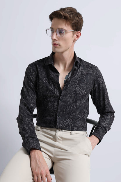 Contemporary Printed Cotton Blend Shirt Dark Green Black