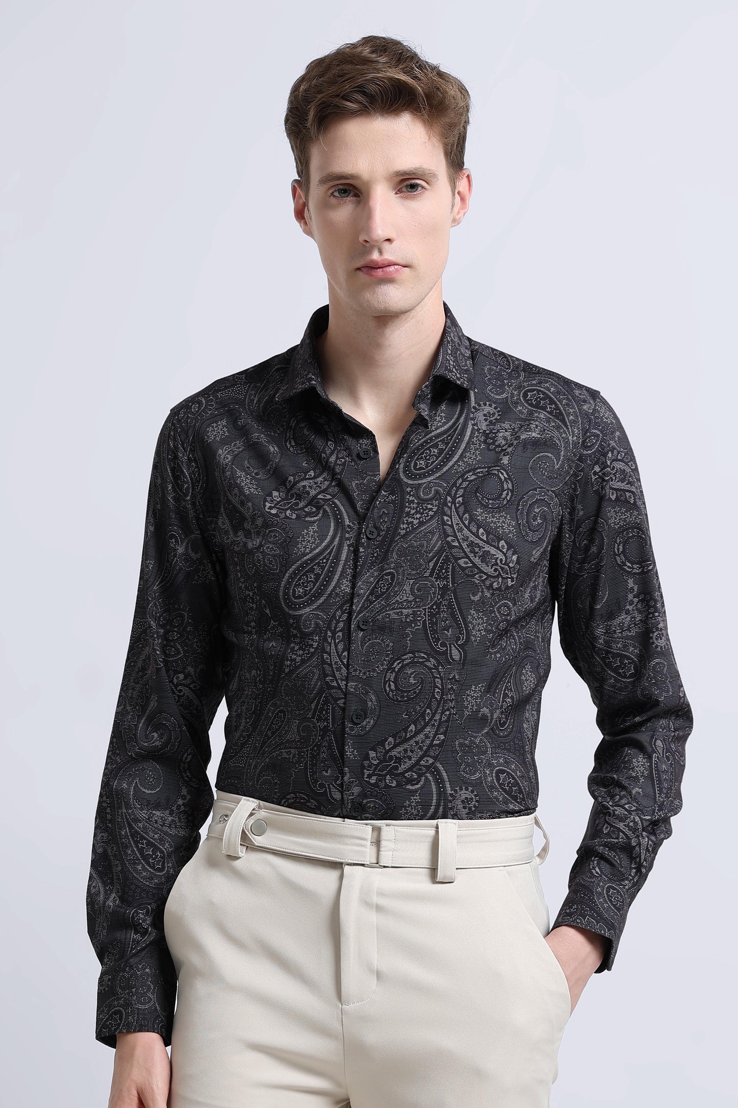 Contemporary Printed Cotton Blend Shirt Dark Green Black