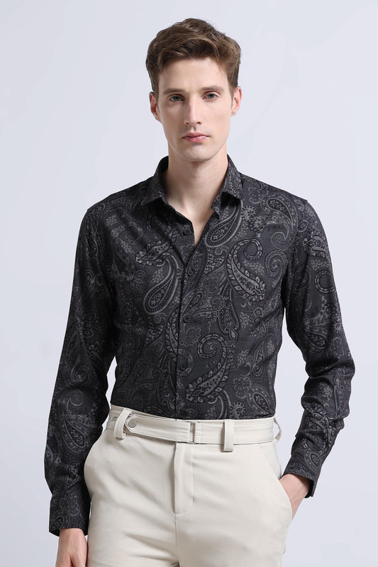 Contemporary Printed Cotton Blend Shirt Dark Green Black
