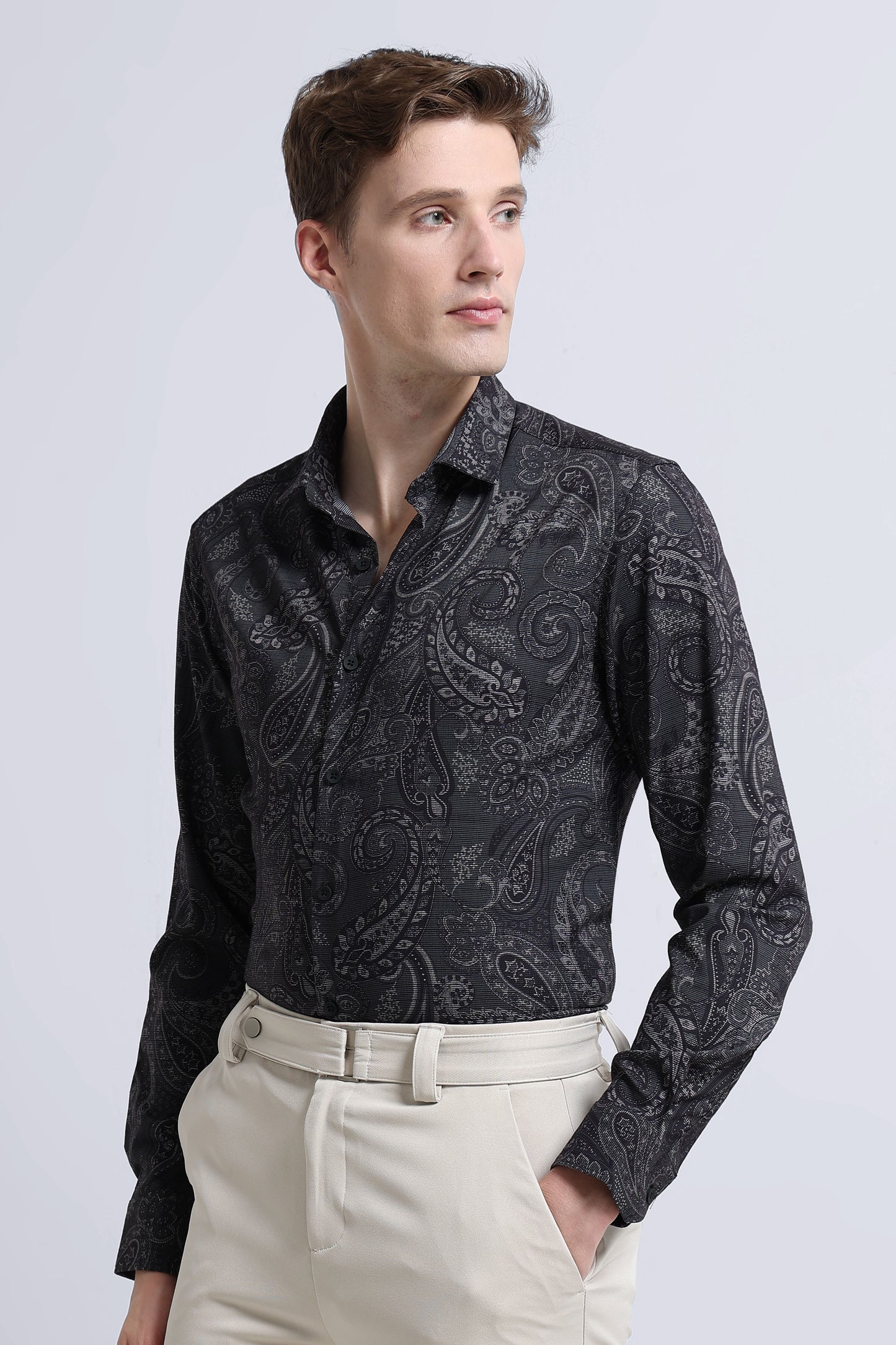 Contemporary Printed Cotton Blend Shirt Dark Green Black