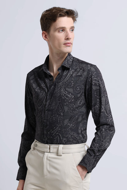 Contemporary Printed Cotton Blend Shirt Dark Green Black
