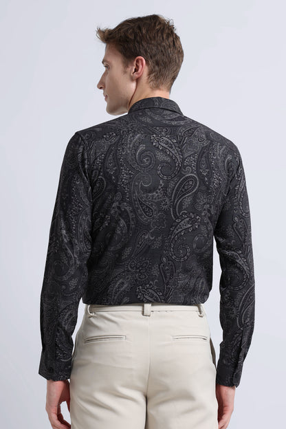 Contemporary Printed Cotton Blend Shirt Dark Green Black