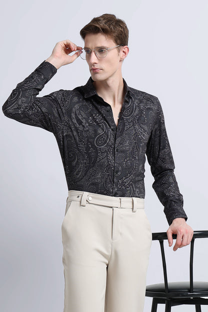 Contemporary Printed Cotton Blend Shirt Dark Green Black