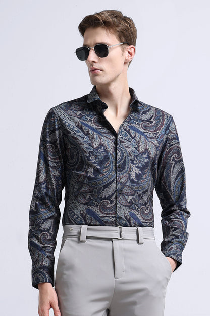 Contemporary Printed Cotton Blend Shirt Navy