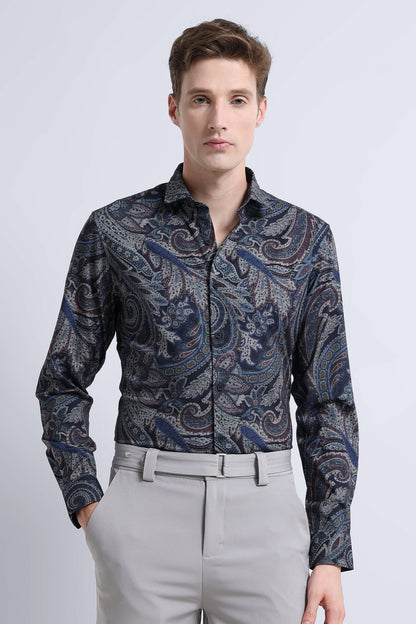 Contemporary Printed Cotton Blend Shirt Navy