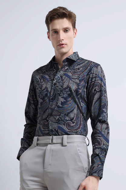 Contemporary Printed Cotton Blend Shirt Navy