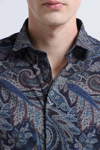 Contemporary Printed Cotton Blend Shirt Navy