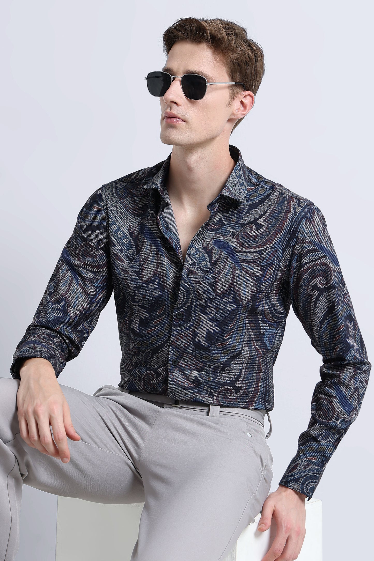 Contemporary Printed Cotton Blend Shirt Navy