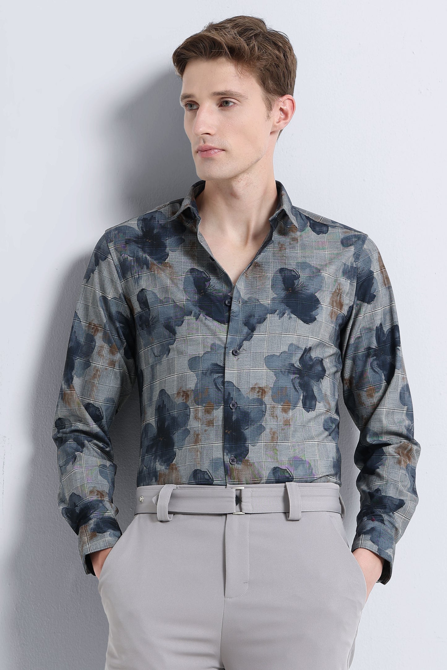 Premium Cotton-blend Digital Print Shirt Light Grey
