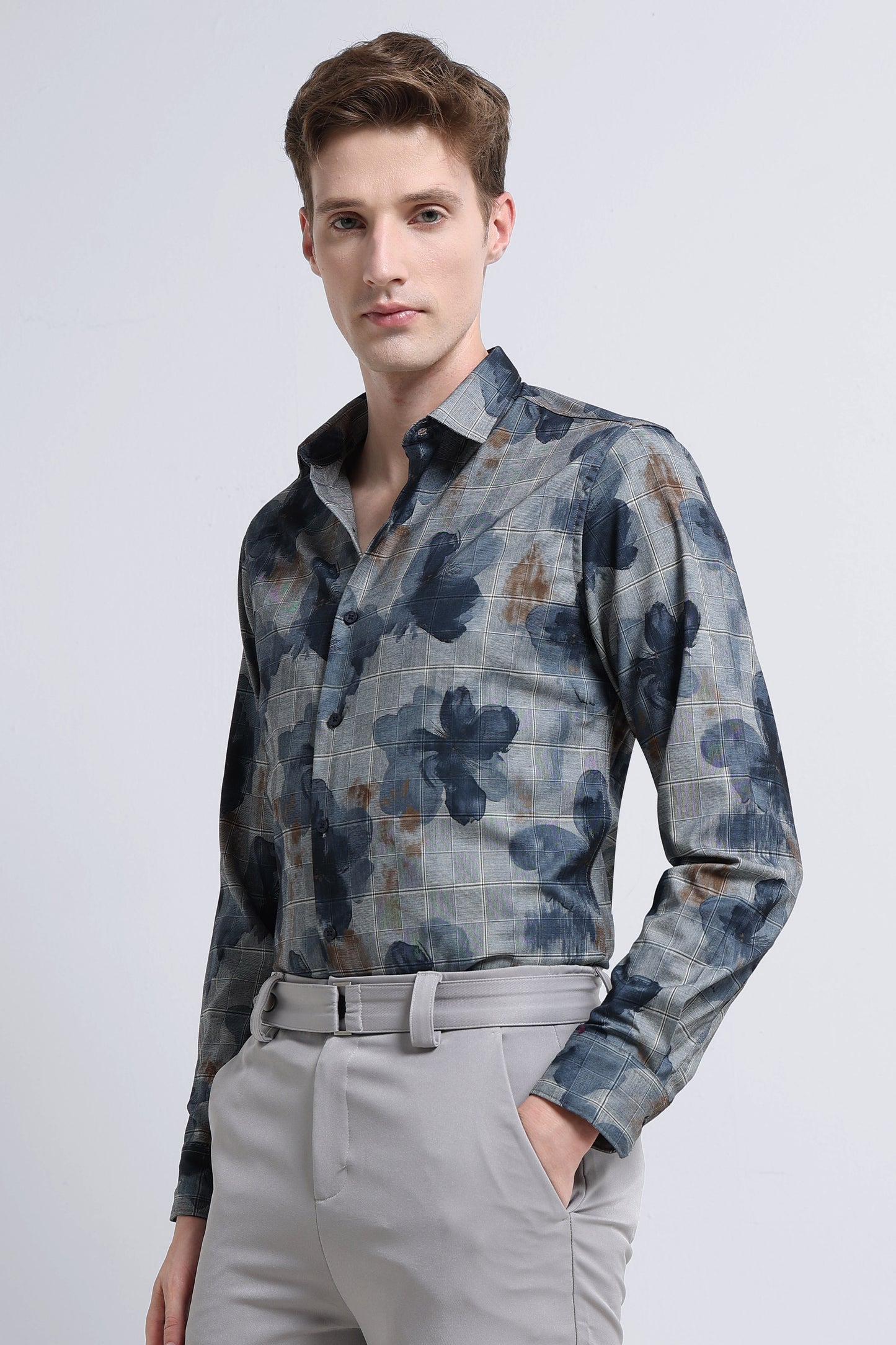Premium Cotton-blend Digital Print Shirt Light Grey