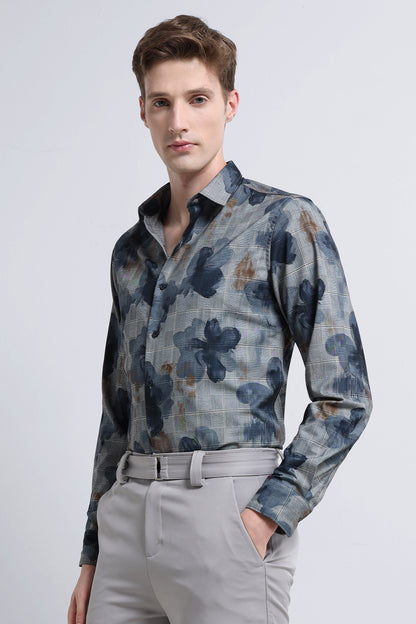 Premium Cotton-blend Digital Print Shirt Light Grey
