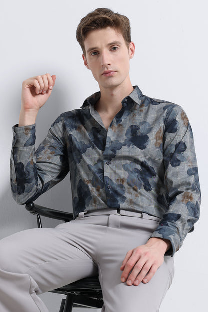 Premium Cotton-blend Digital Print Shirt Light Grey