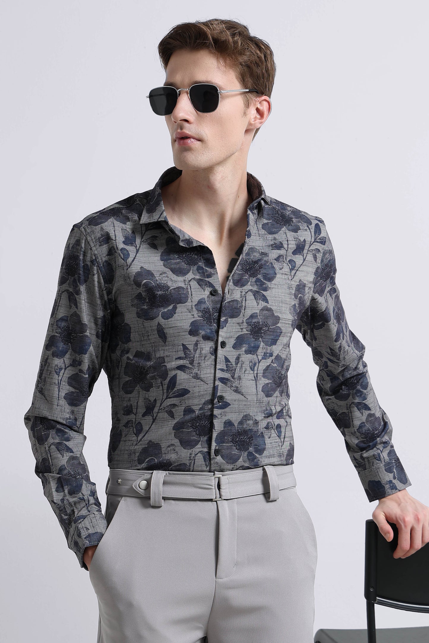 Contemporary Printed Cotton Blend Shirt Grey Blue