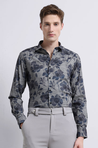 Contemporary Printed Cotton Blend Shirt Grey Blue